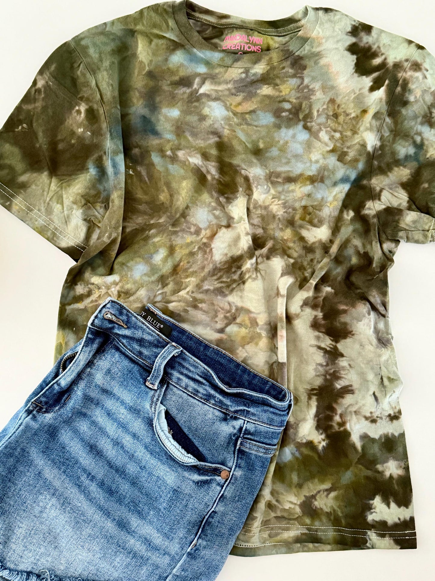 Ice Dyed T-Shirt: Army Green Tans, Unisex Comfy Tee