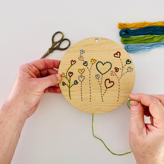 Heart Flowers Embroidery DIY Kit: Beginner Wood Sewing Kit