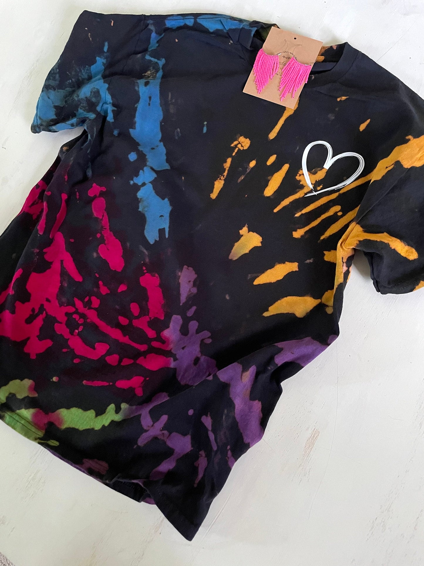 Reverse Tie Dye Shirt: Rainbow Bleached Heart Design