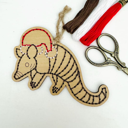 Christmas Armadillo Wooden Embroidery DIY Kit - Full Instructions Included