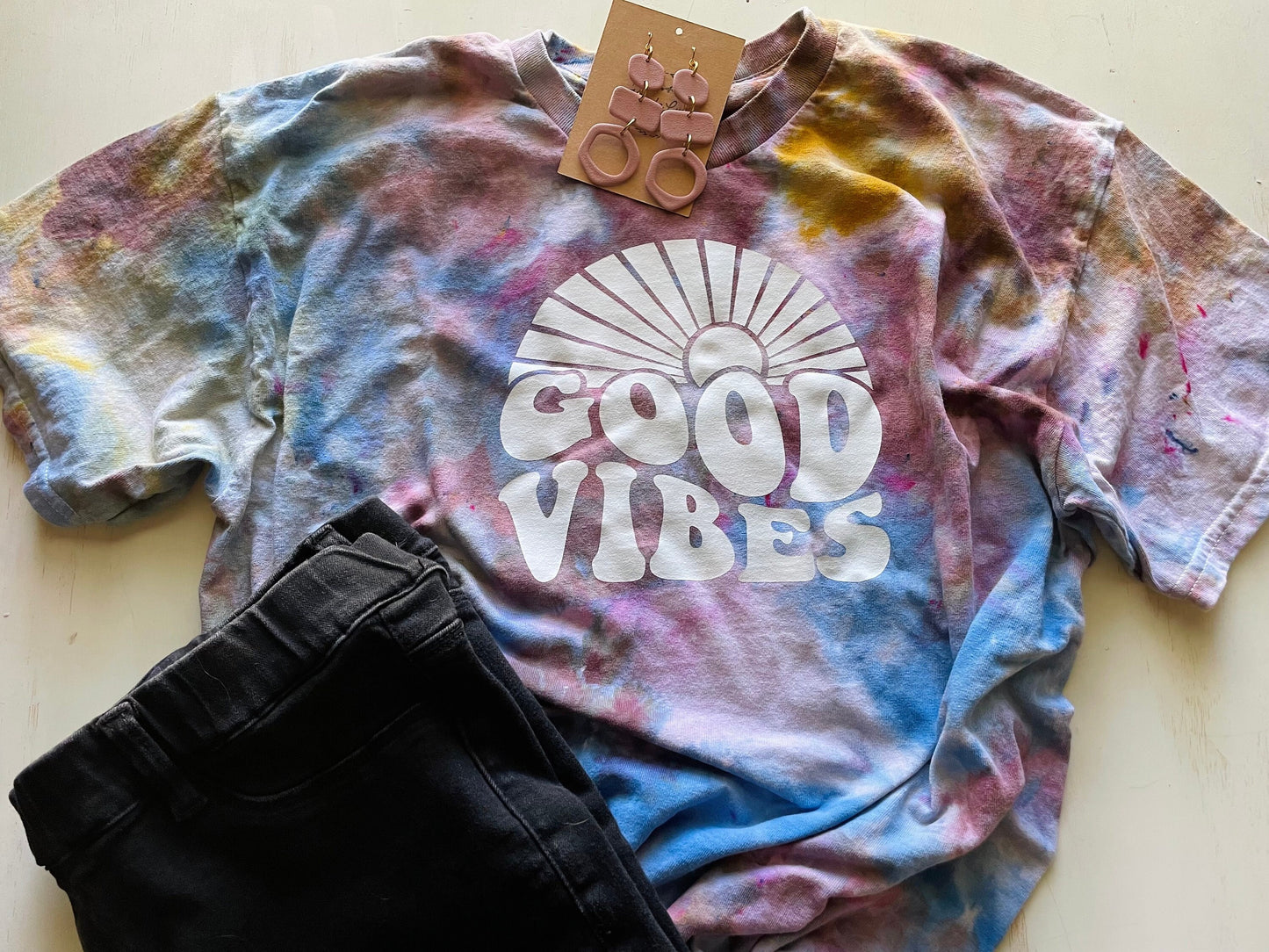 Hand Dyed Good Vibes T-Shirt: Women's Ice Dye Crew Neck