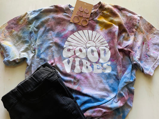Hand Dyed Good Vibes T-Shirt: Women's Ice Dye Crew Neck