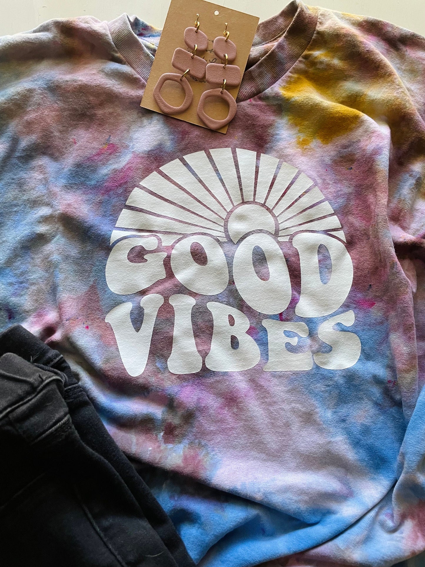 Hand Dyed Good Vibes T-Shirt: Women's Ice Dye Crew Neck