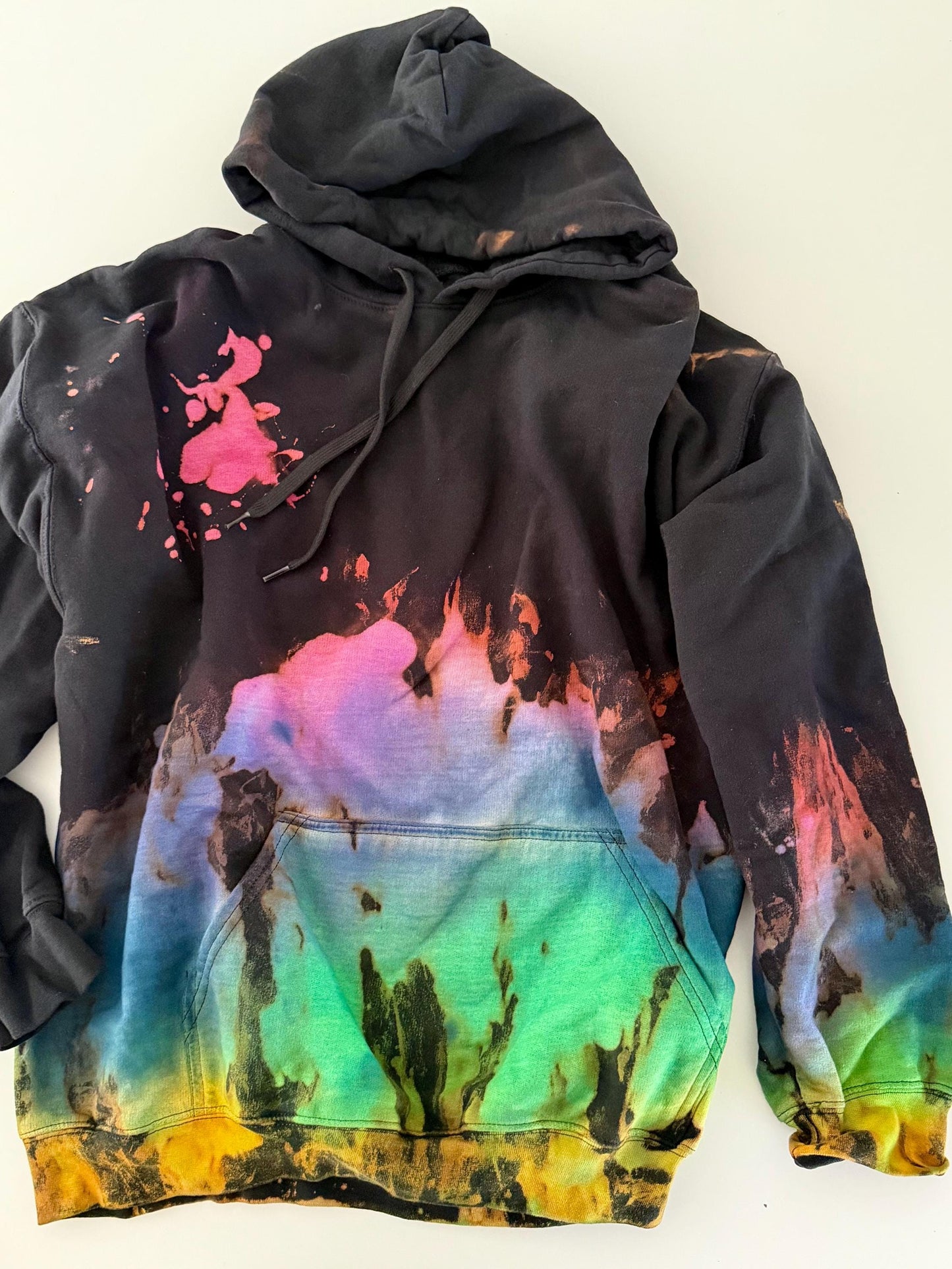 Black Rainbow Reverse Tie Dye Hoodie: Handmade Unisex Sweatshirt