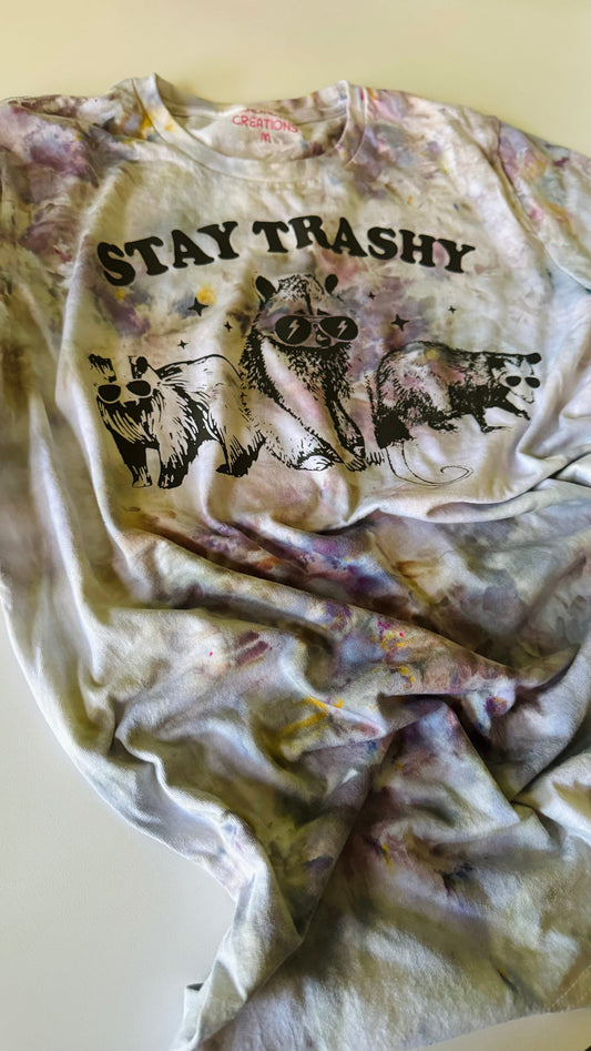 Stay Trashy Raccoon T-Shirt: Ice Dyed Cotton Tee