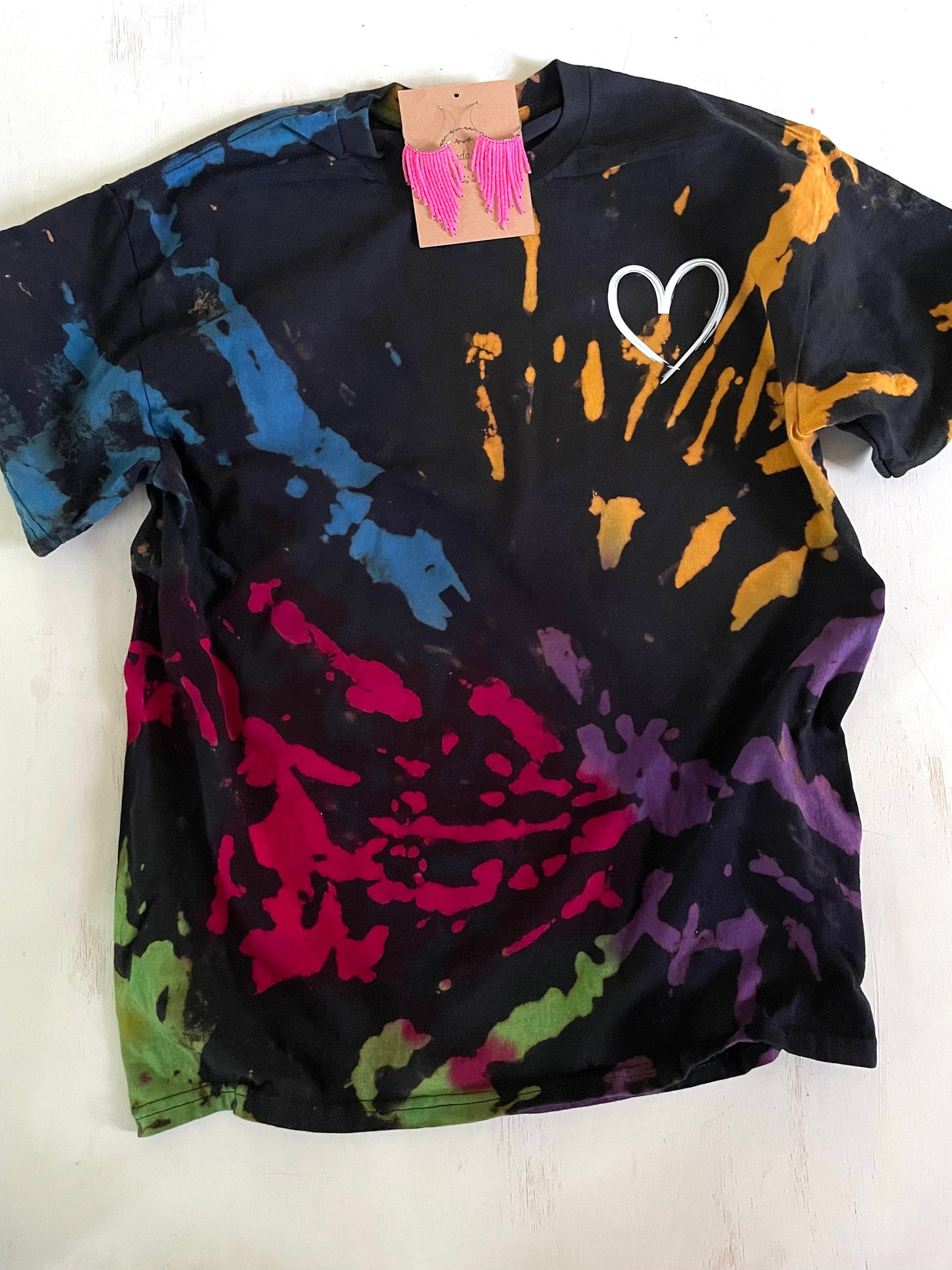 Reverse Tie Dye Shirt: Rainbow Bleached Heart Design