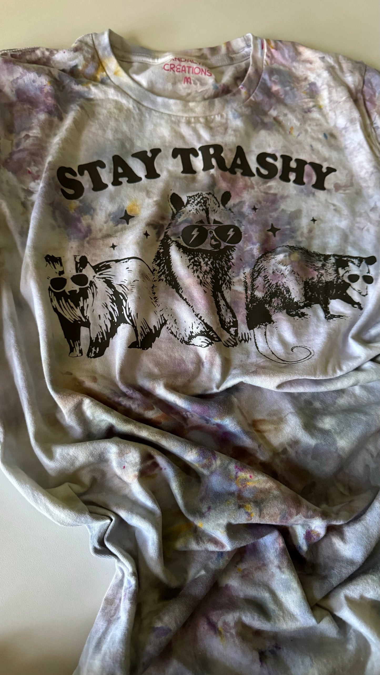 Stay Trashy Raccoon T-Shirt: Ice Dyed Cotton Tee