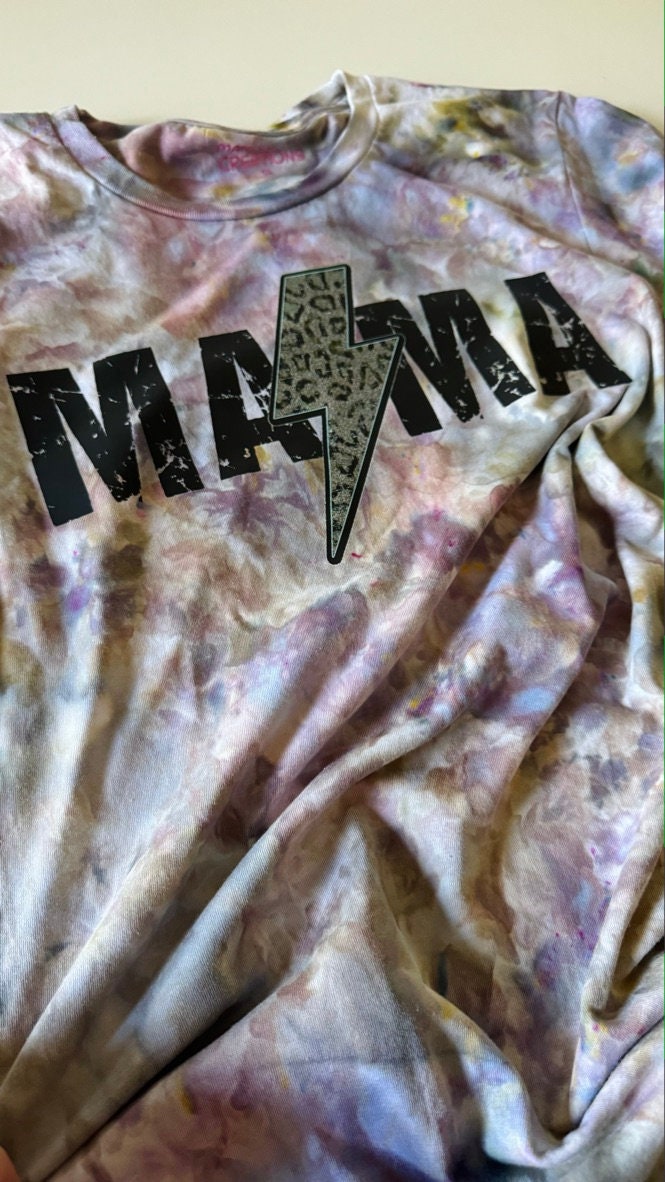 Mama Lightning Bolt Ice Dyed Shirt: Purple Gray Tie-Dye Tee