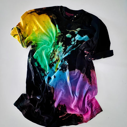 Bright Rainbow Splatter Reverse Tie-Dye Shirt: Hand-Dyed Bleach Design