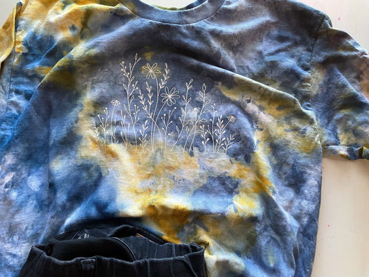 Wildflower T-shirt: Blue & Yellow Ice Tie-Dye, Hand-Dyed Boho Shirt