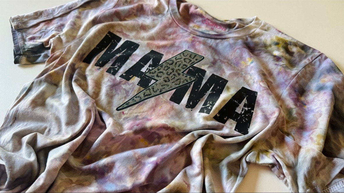 Mama Lightning Bolt Ice Dyed Shirt: Purple Gray Tie-Dye Tee