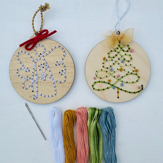 DIY Wooden Embroidery Ornament Kit: Christmas Swirly Tree, Angel (2-Pack)