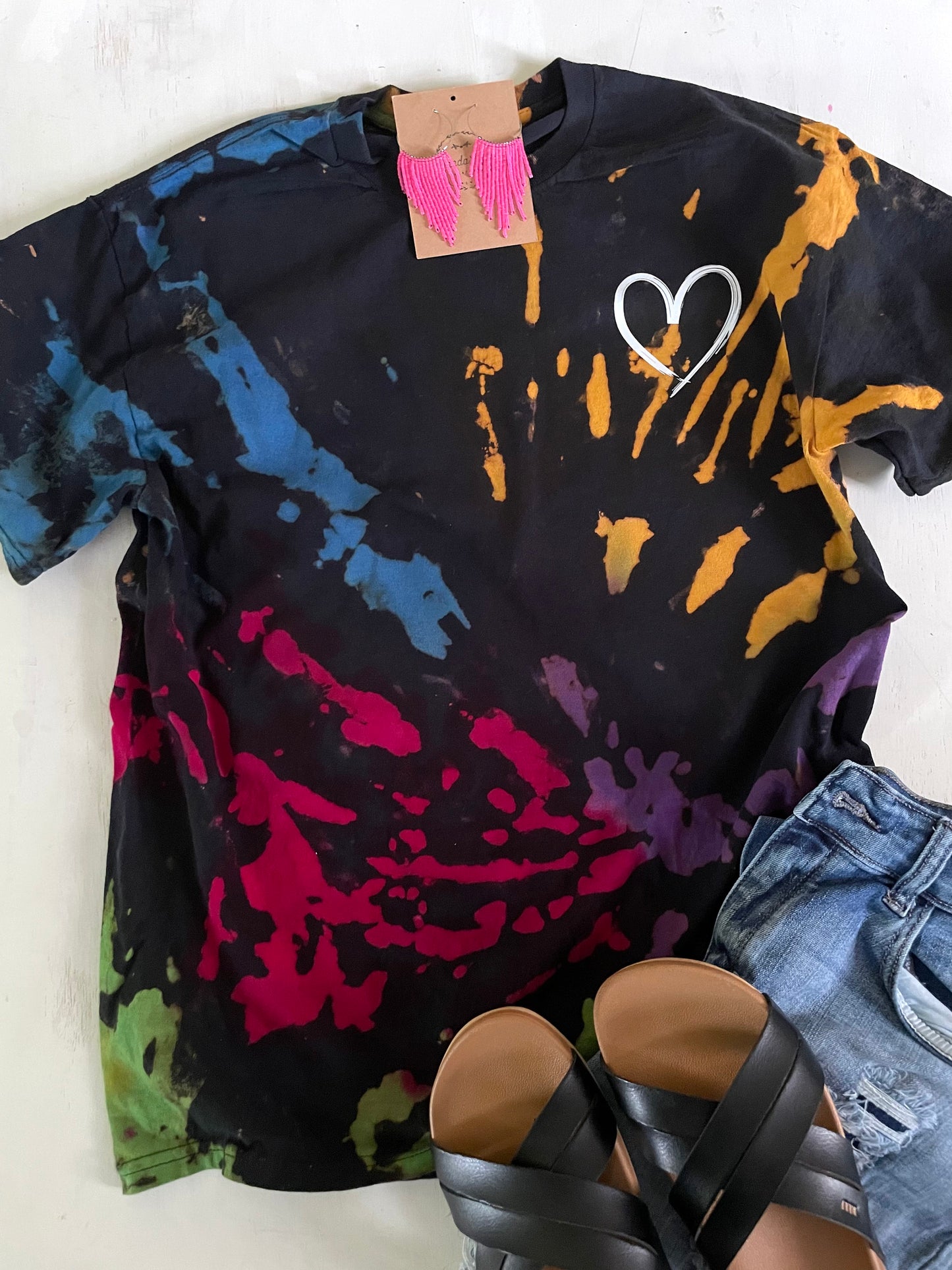 Reverse Tie Dye Shirt: Rainbow Bleached Heart Design