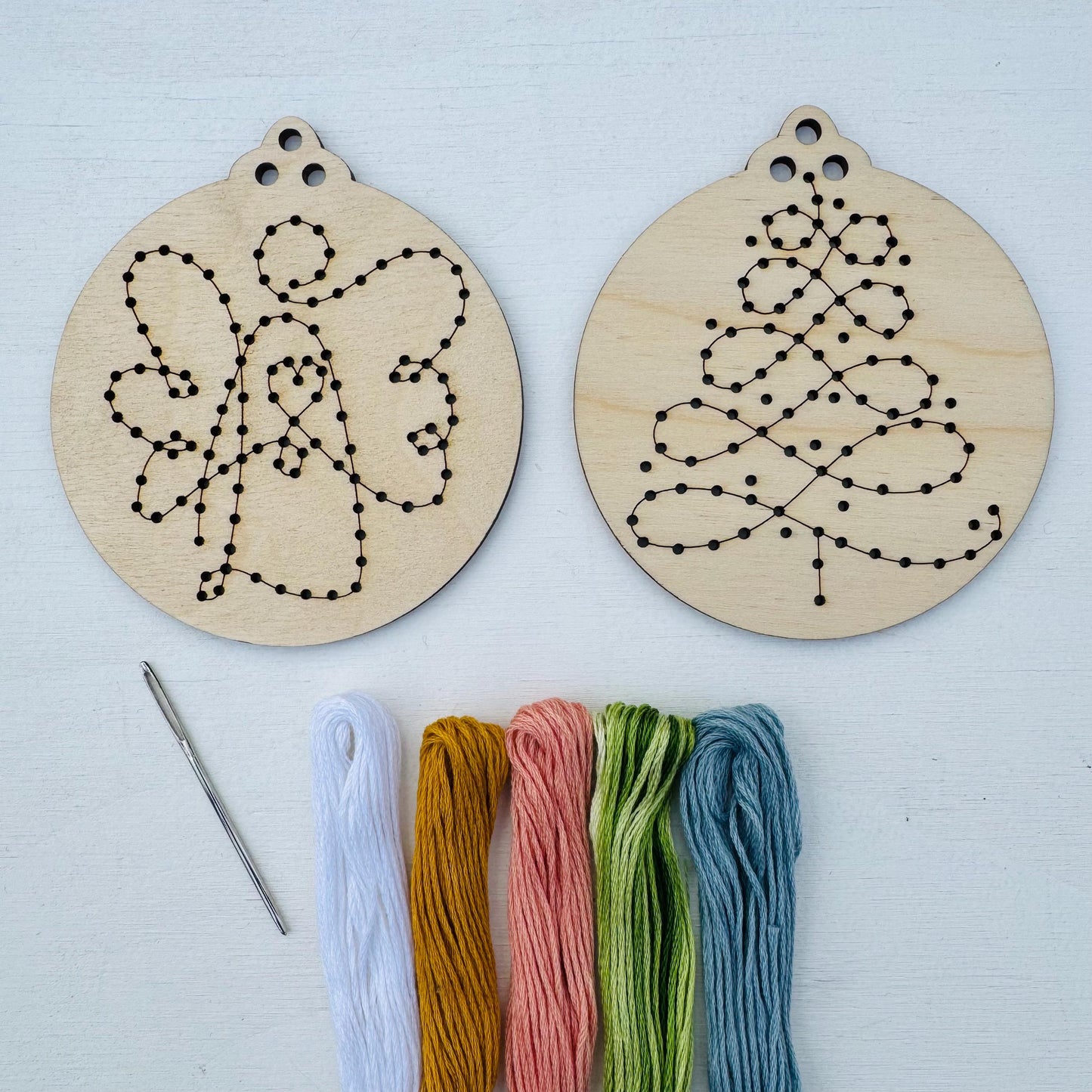 DIY Wooden Embroidery Ornament Kit: Christmas Swirly Tree, Angel (2-Pack)