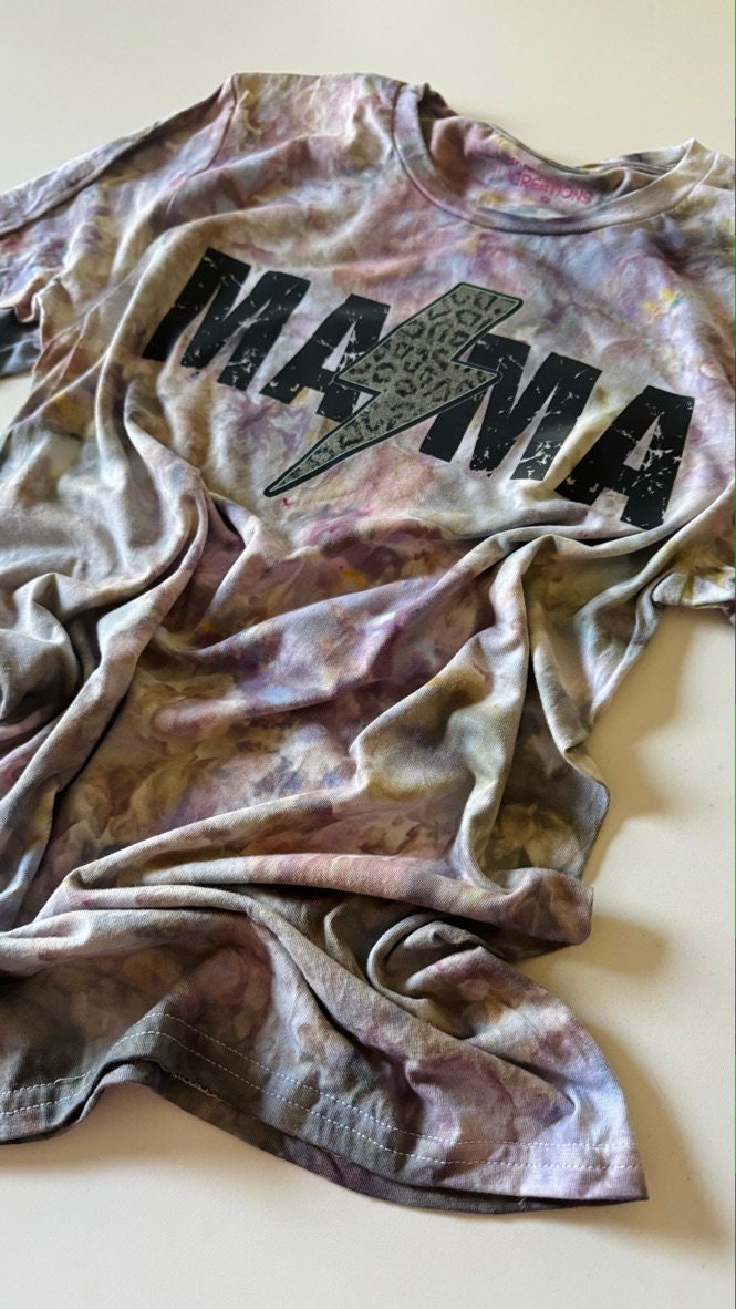 Mama Lightning Bolt Ice Dyed Shirt: Purple Gray Tie-Dye Tee