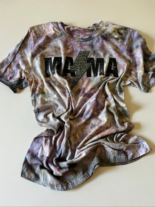 Mama Lightning Bolt Ice Dyed Shirt: Purple Gray Tie-Dye Tee