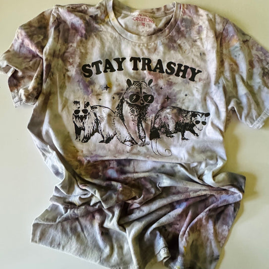 Stay Trashy Raccoon T-Shirt: Ice Dyed Cotton Tee