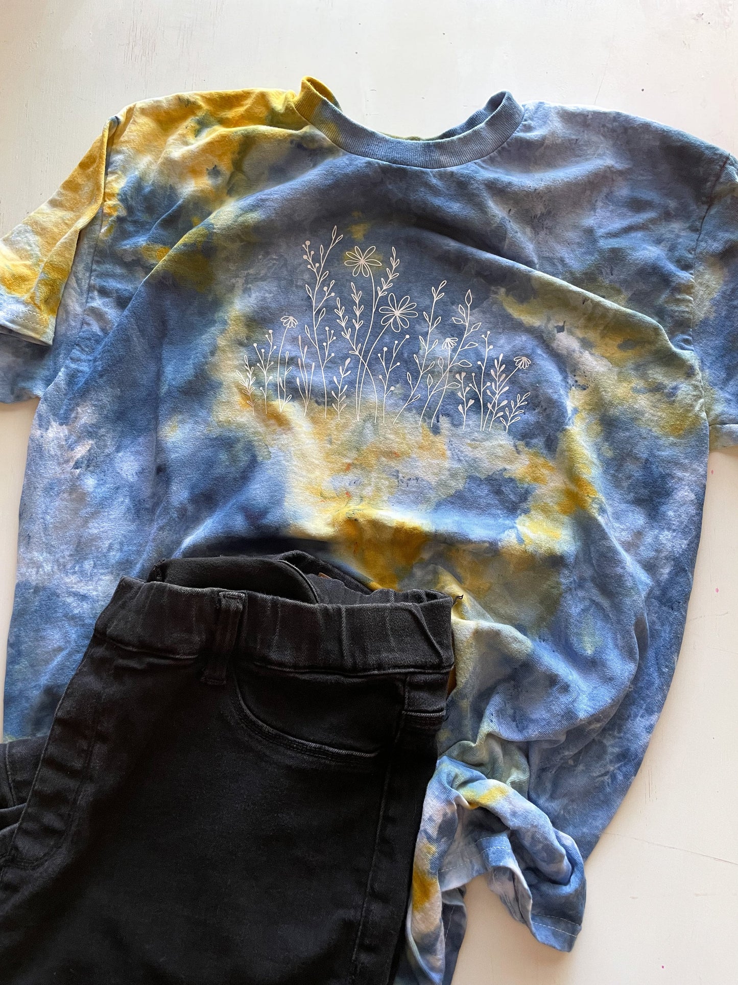 Wildflower T-shirt: Blue & Yellow Ice Tie-Dye, Hand-Dyed Boho Shirt