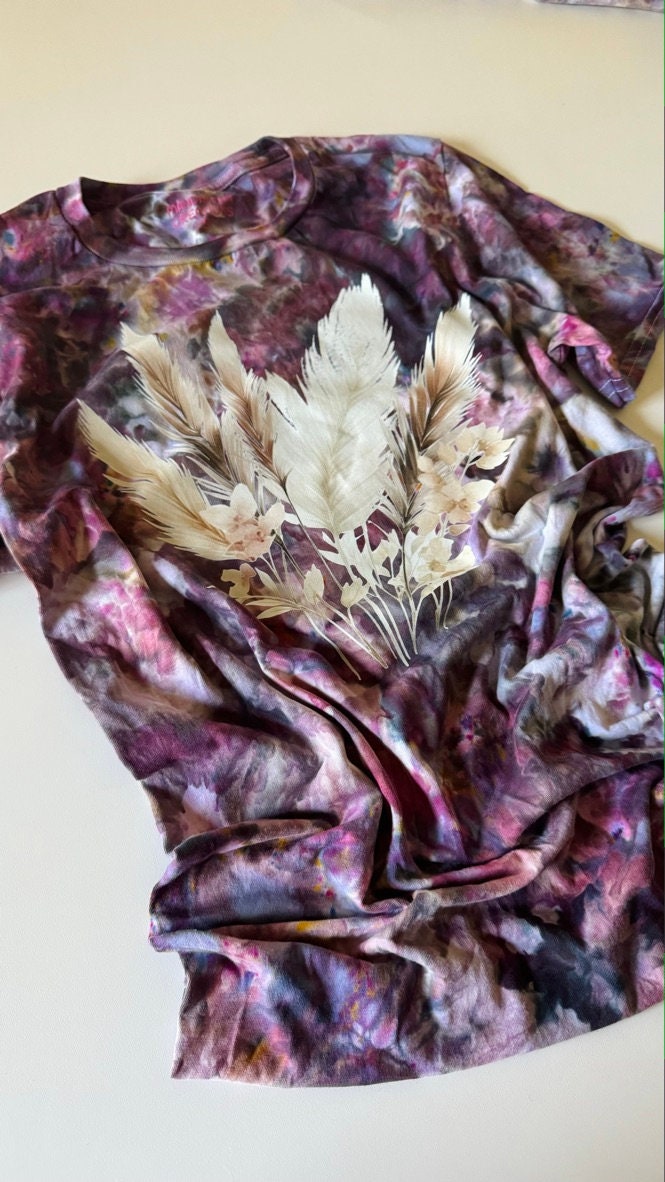 Plum Feathers T-Shirt: Bright Purple Ice Dyed Tie-Dye Crewneck