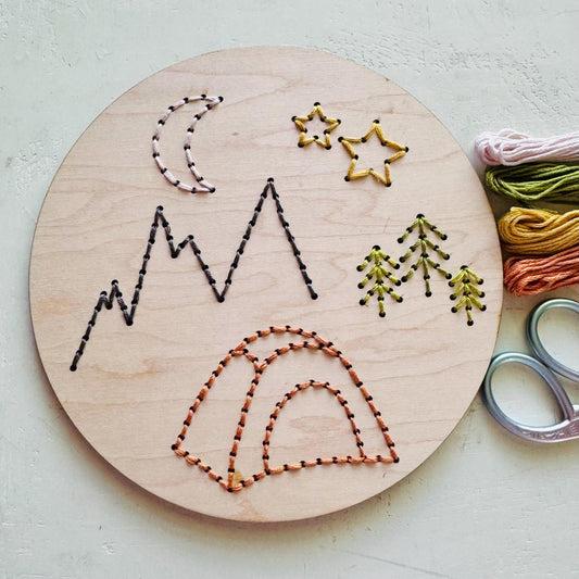 Camping Wooden Embroidery Kit: Beginner DIY Nature Craft