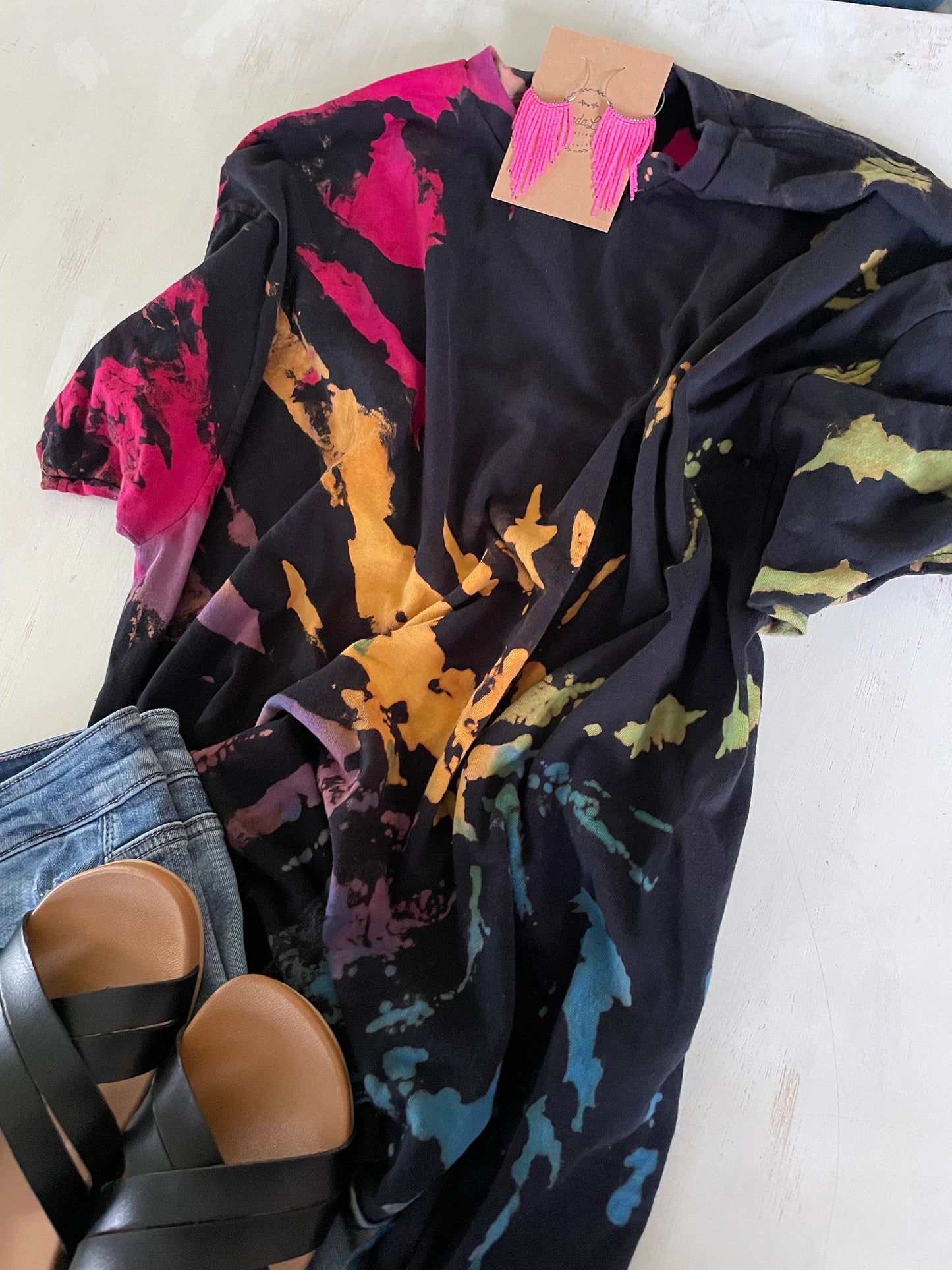 Reverse Tie Dye Shirt: Hand-Dyed Bleached Rainbow Design