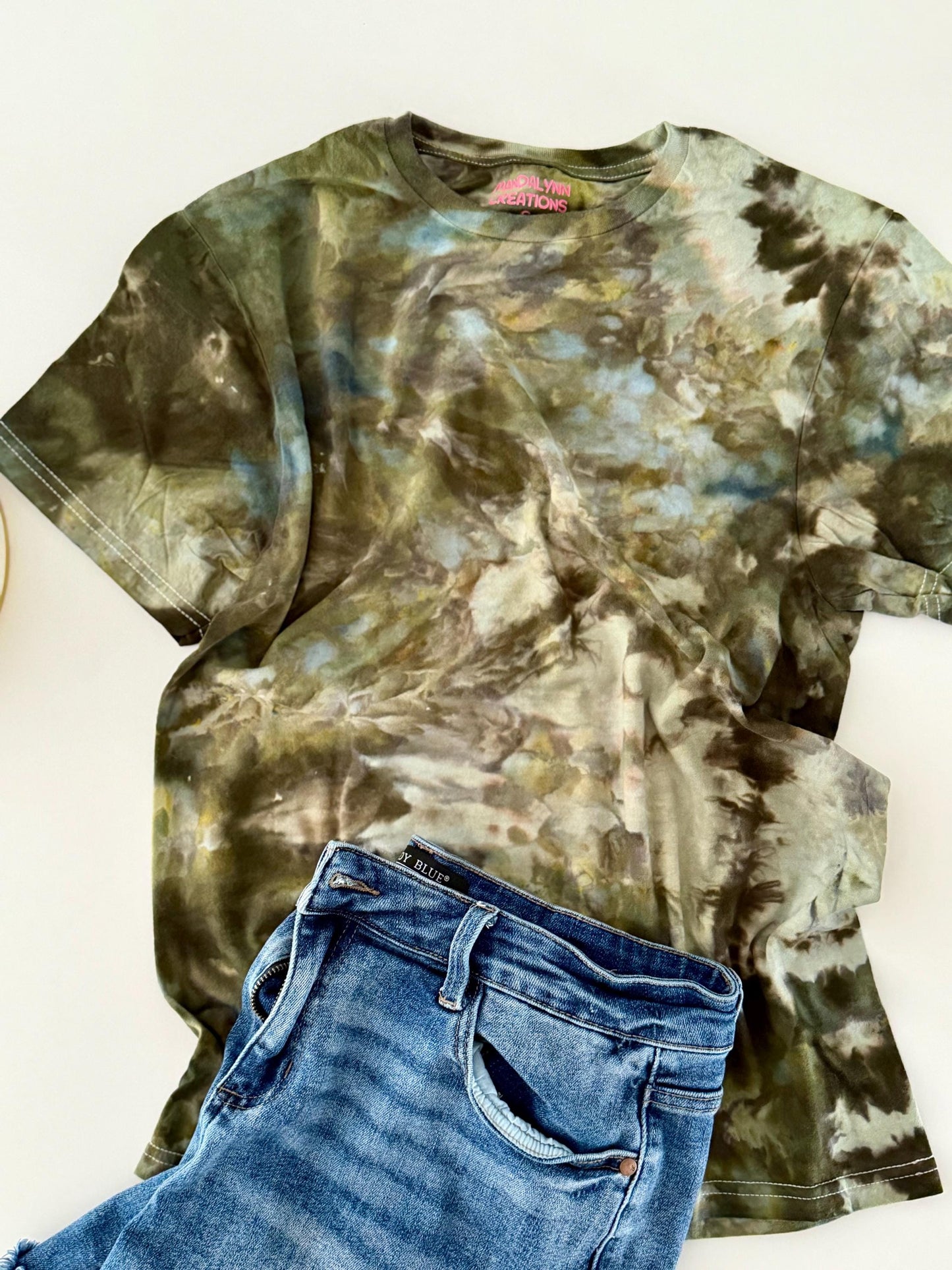 Ice Dyed T-Shirt: Army Green Tans, Unisex Comfy Tee